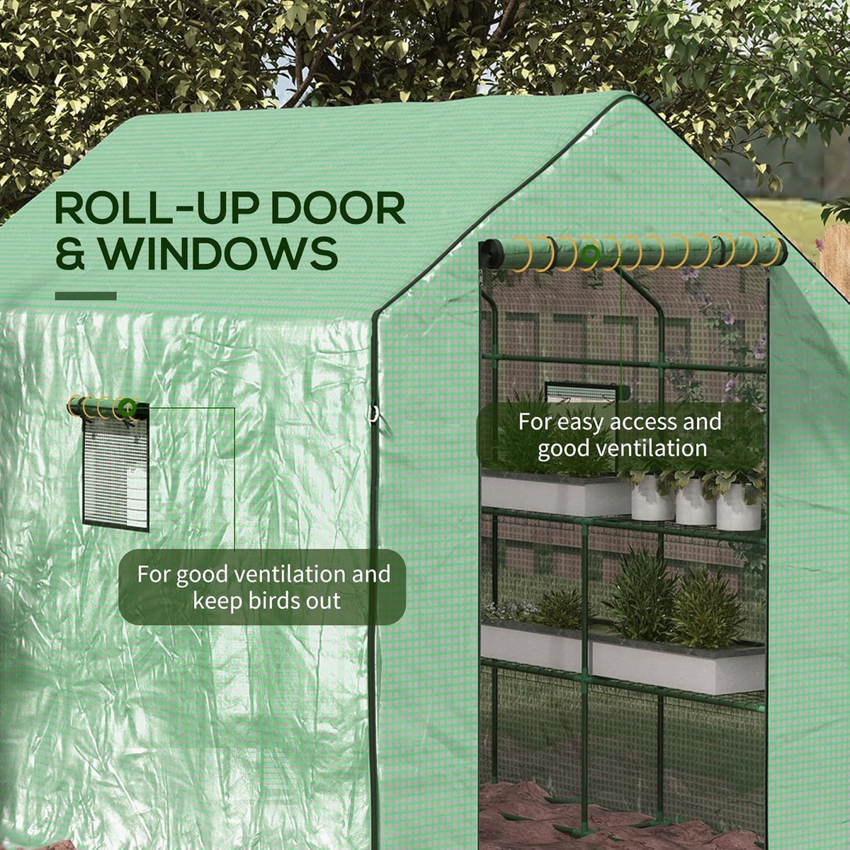 Outsunny 4.6' x 4.7' Portable Greenhouse, Water/UV Resistant Walk-in Small Outdoor Green House with 2 Tier U-Shaped Flower Rack Shelves, Roll Up Door & Windows, Green