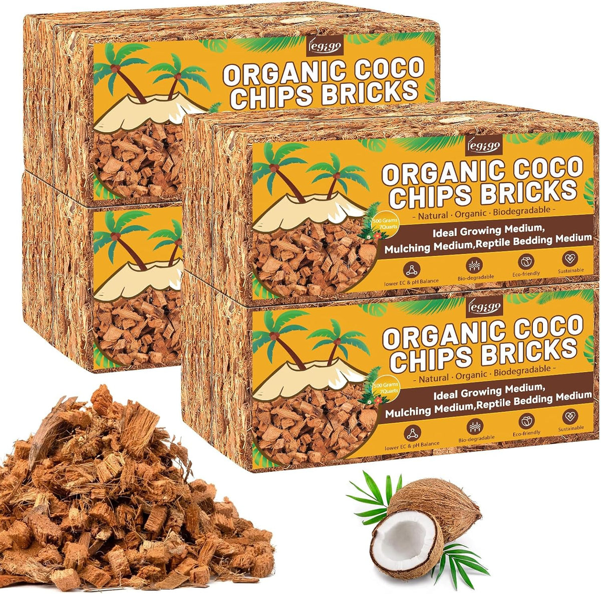 Legigo 8 Pack Coco Husk Chips- 8.8 LB 100% Organic Coconut Coir Chips Brick Potting Soil Mix with Low EC & PH Balance, Compressed Coconut Substrate Coco Chips Mulch Medium for Garden, Flowers, Plants