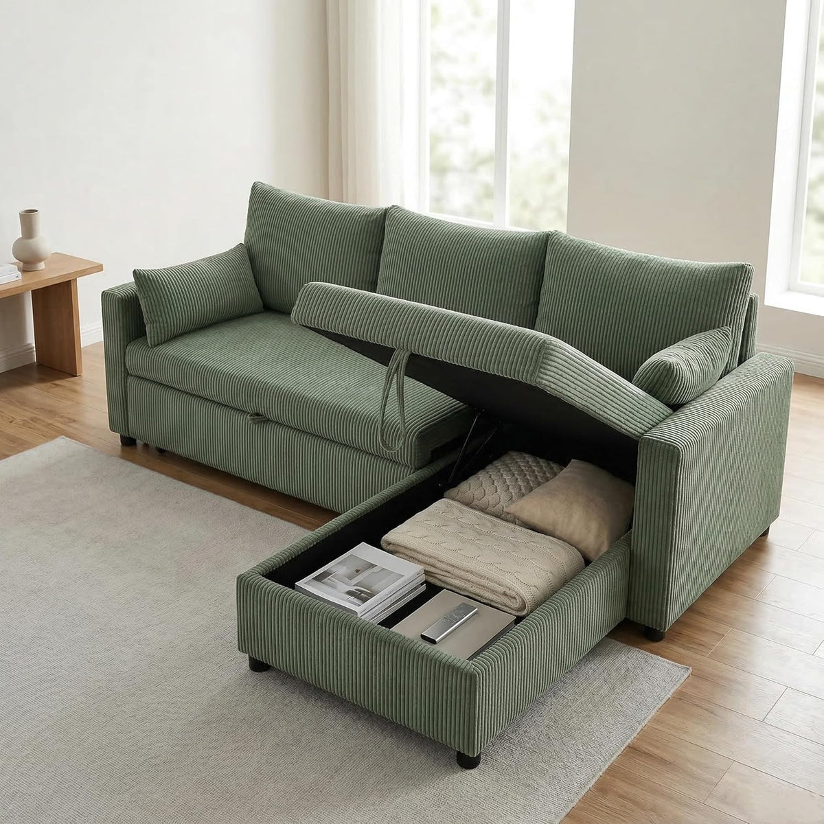 Ball & Cast 86" Sectional Sleeper Sofa Bed Pull Out Couches for Living Room | L Shaped Convertible Pull Out Sofa Bed with Reversible Storage Chaise and Side Pocket, 3-Seat Sofa for Small Space Apartment