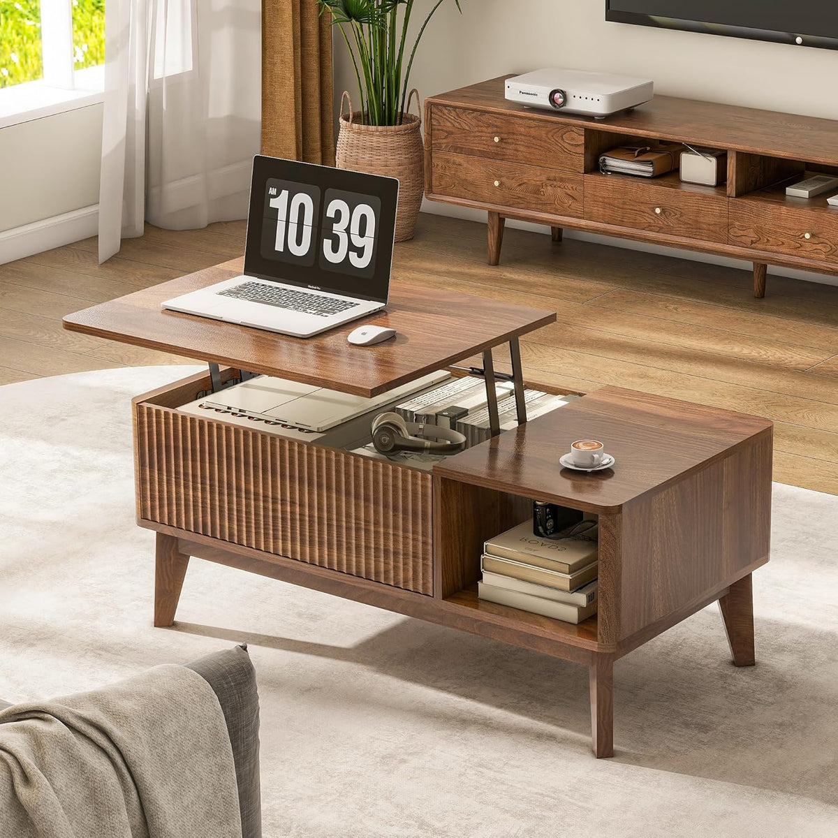 LYNCOHOME Fluted Lift Top Coffee Table with Storage, Modern Coffee Table for Living Room, Home Office（Walnut）