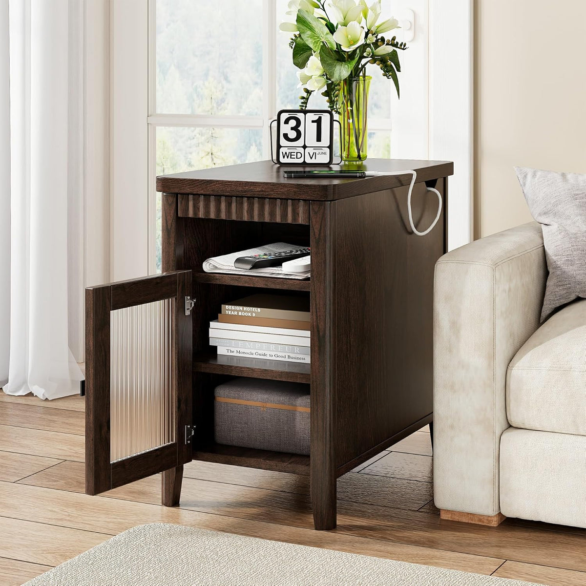 iPormis End Table with Charging Station, Narrow Side Table for Living Room, Farmhouse Night Stand with Storage Cabinet, Wood Bedside Table for Bedroom Small Space, Walnut