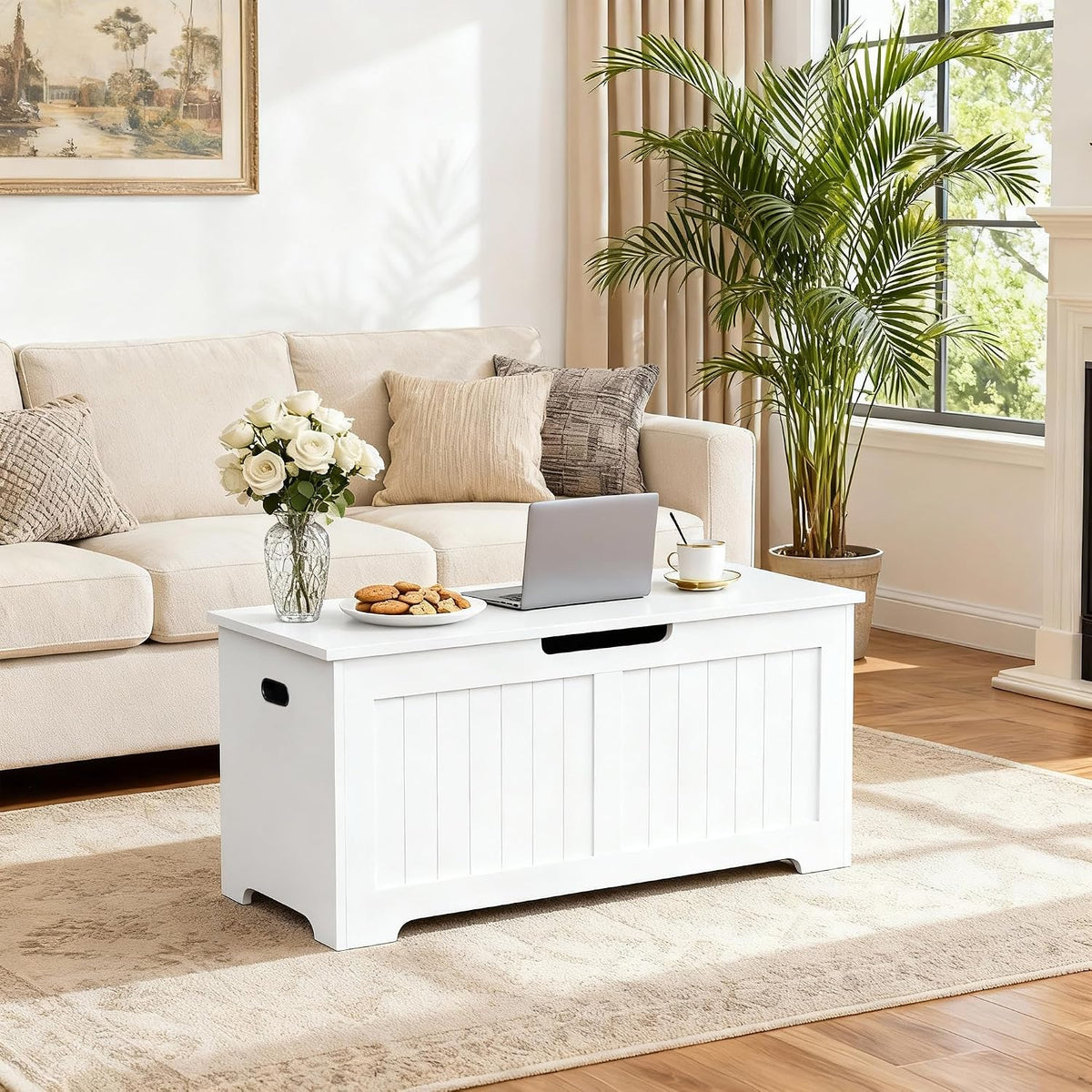 SUPER DEAL Storage Chest, 39 inches Chest Box Organizer with 2 Safety Hinges, Wooden Entryway Shoe Organizer Storage Bench, White
