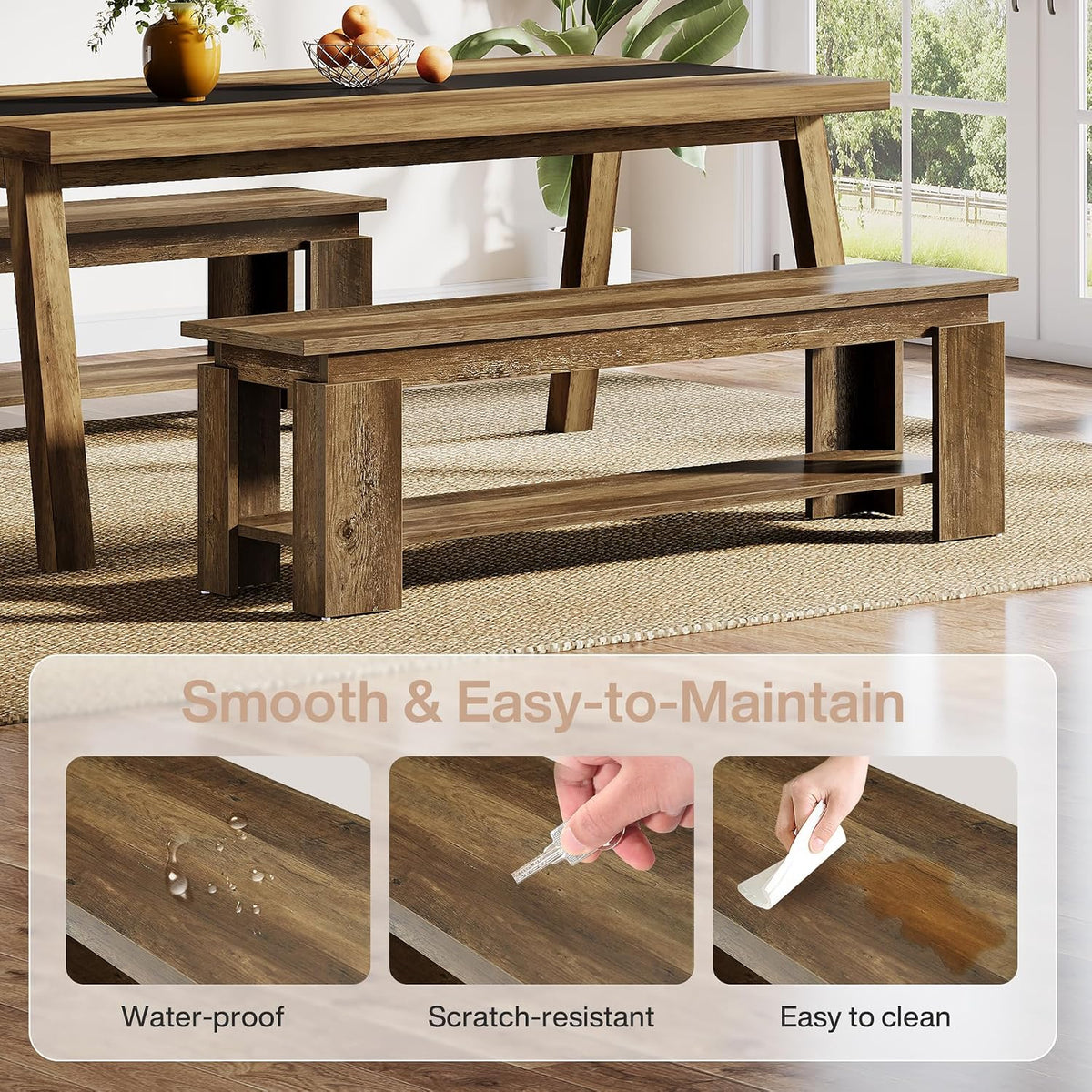 Tribesigns 63" Dining Bench for 2-3, Farmhouse Wooden Dining Room Bench with Storage Shelf for Kitchen & Dining Room
