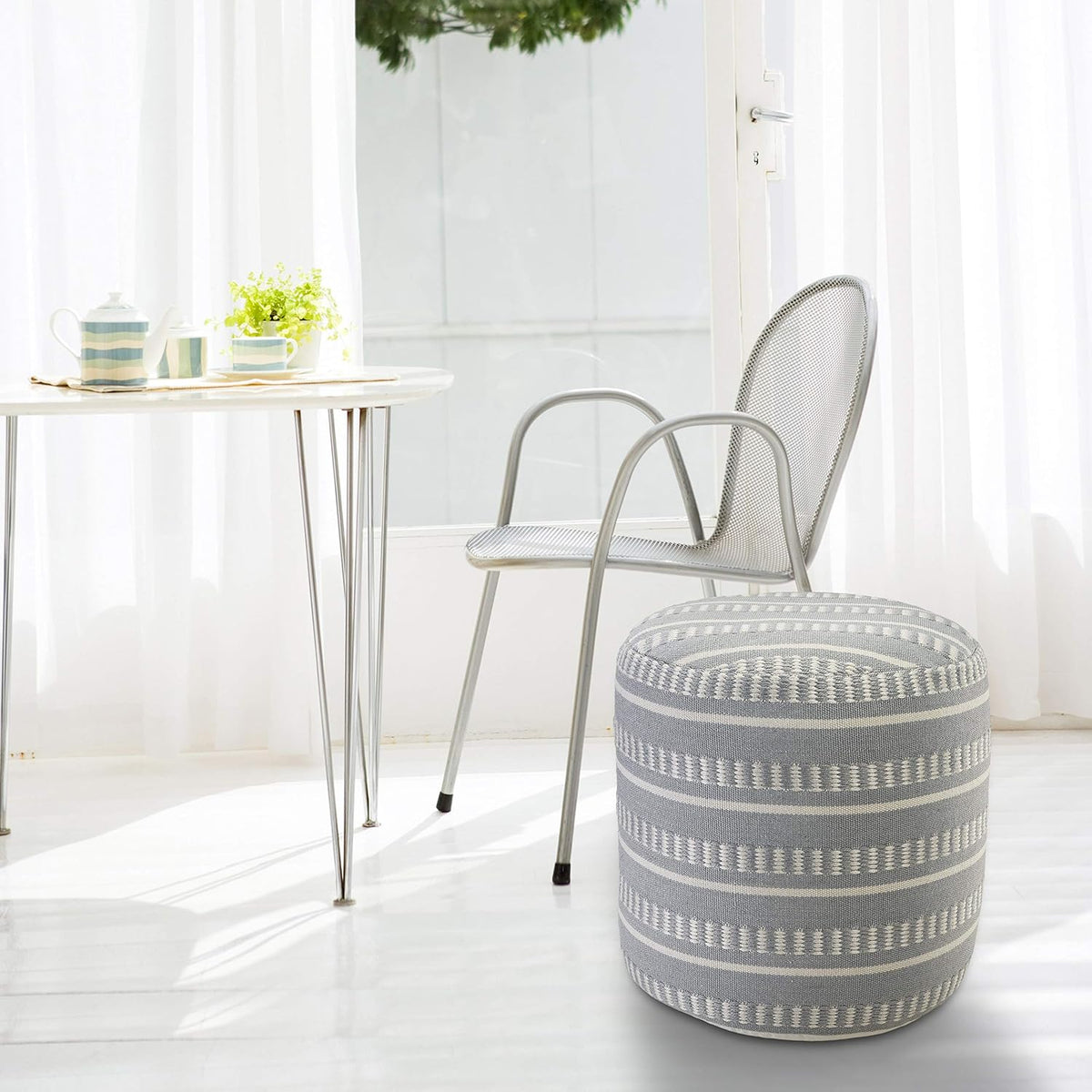 LR Home Dash and Stripe Geometric Indoor Outdoor Pouf, Blue/White, 20" x 20" x 20"