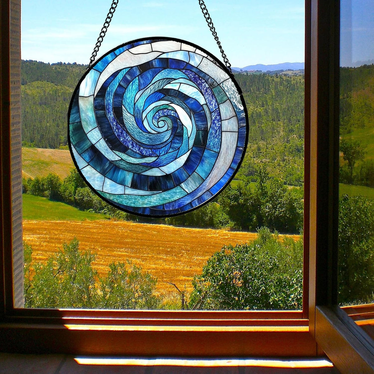 Stained Glass Window Hanging - Blue Abstract Swirl Suncatcher for Doors Garden Patio Unique Sun Catchers Decor Christmas Mother's Day Birthday Gifts for Women Men Mom Nana Friend 6.3 in
