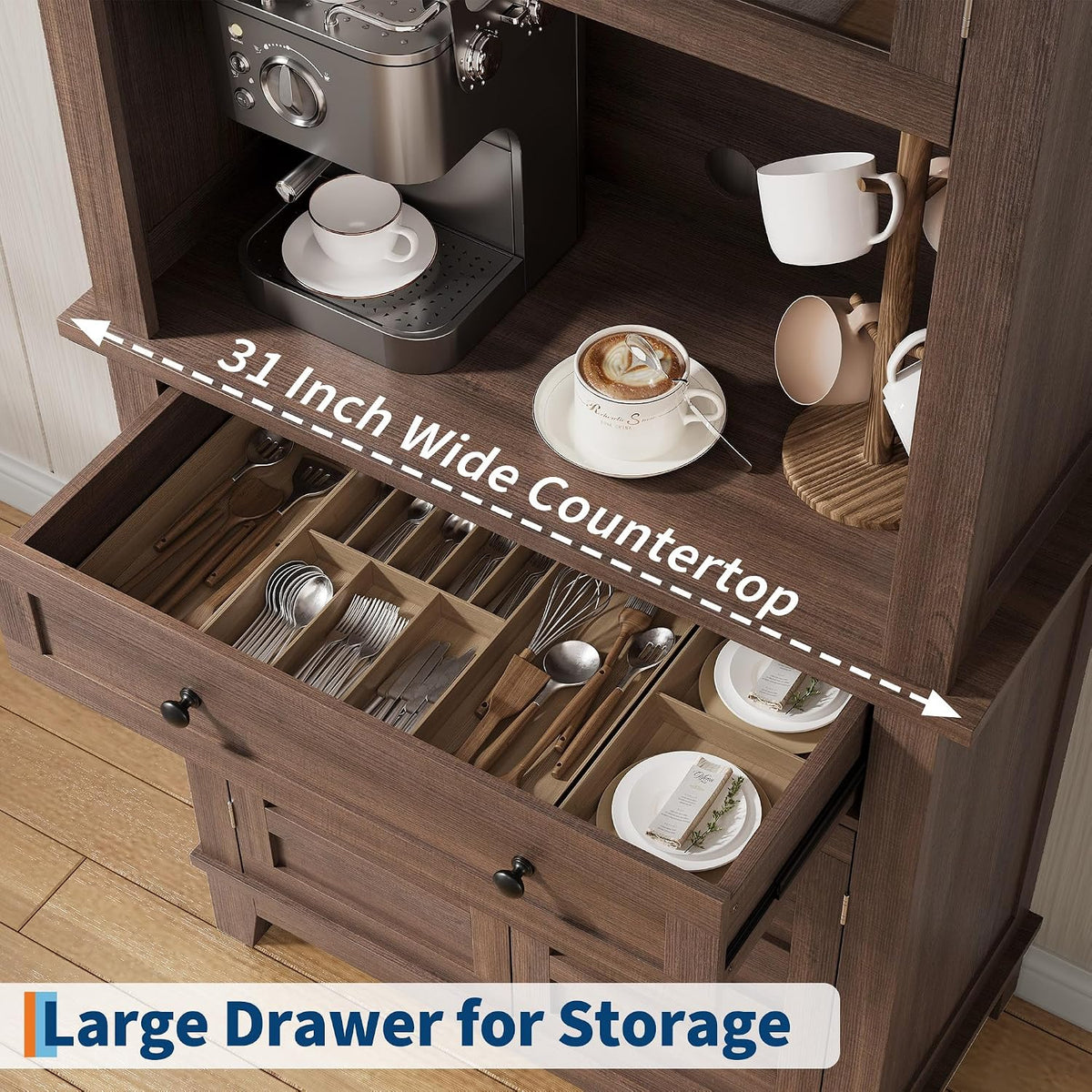 GAOMON 72“ Tall Pantry Cabinet with Drawer, 32” Wide Kitchen Pantry Storage Cabinet with Countertop, Large Kitchen Hutch with Storage Drawers and Doors for Dining Room, Living Room, Brown