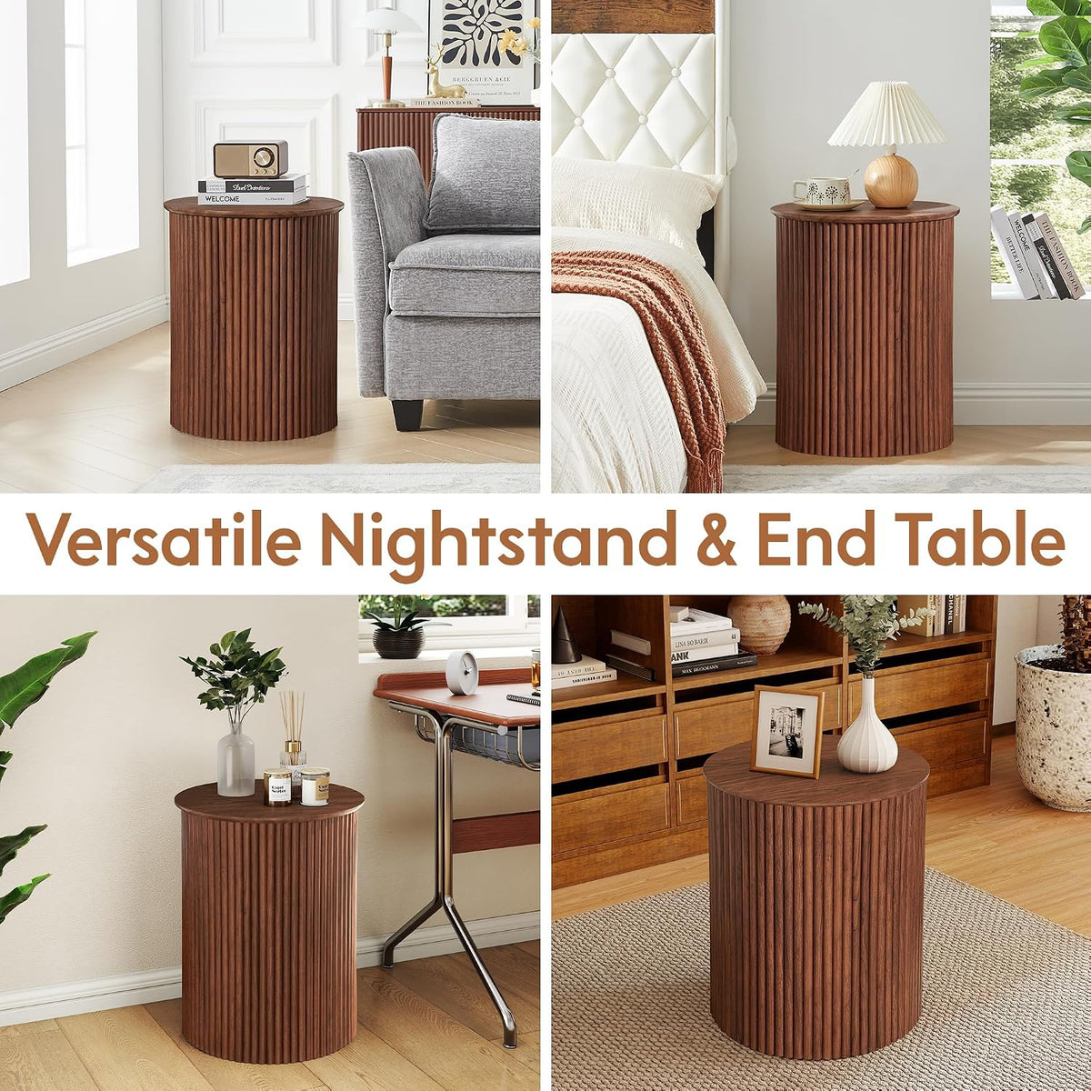 AVZEAR Small Round Side Table Fluted Night Stand Set of 2, 17.7" Mid Century Modern End Table, Circle Bedside Tables Wood Nightstands for Small Spaces, Living Room, Bedroom (Rustic Walnut)