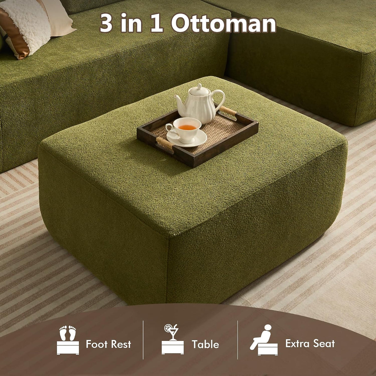 HOOOWOOO Large Ottoman Coffee Table for Couch,Oversized Rectangular Ottoman Bench Seat,Modern Plush Corduroy Upholstered Foot Rest for Living Room Bedroom Bedside,Cloud Green