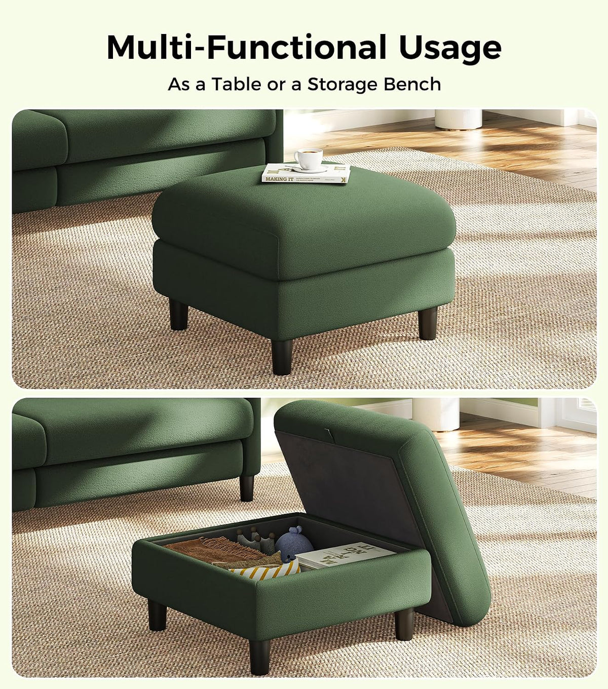 Welzona Teddy Storage Ottoman, 26.7"Large Living Room Ottoman, Coffee Table | All-Wood Ottomans with Storage, Tool-Free Setup Bench for Bedroom, for Welzona Loveseat Sofa Couch Living Room Set, Green