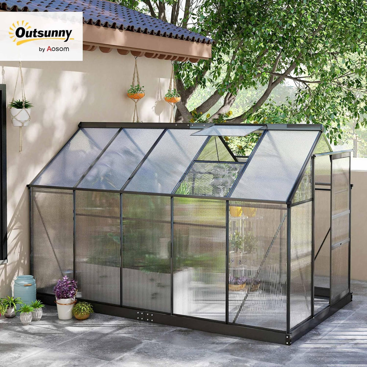 Outsunny 6' x 10' Greenhouse for Outdoors, Polycarbonate Greenhouse with Rain Gutter and Roof Vent, Aluminum Walk-in Green Houses for Outside for Patio Backyard Garden, Gray