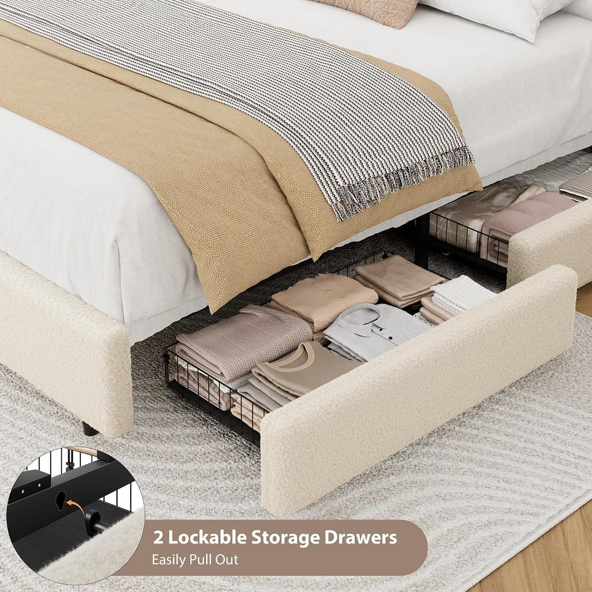 IDEALHOUSE King Bed Frame with 2 Storage Drawer and Upholstered Headboard