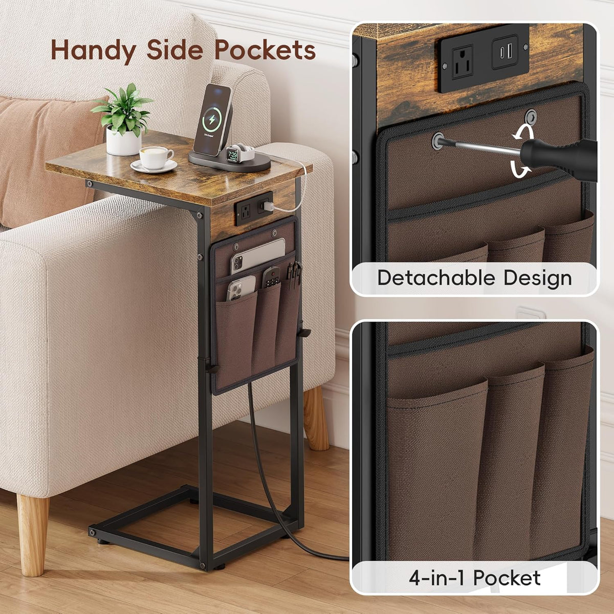 Vagusicc C Shaped End Table with Charging Station, Adjustable Height Side Table for Couch, Small Sofa Table with Storage Bag, Slide Under Sofa TV Tray Snack Arm Tables for Living Room, Bedroom, Brown