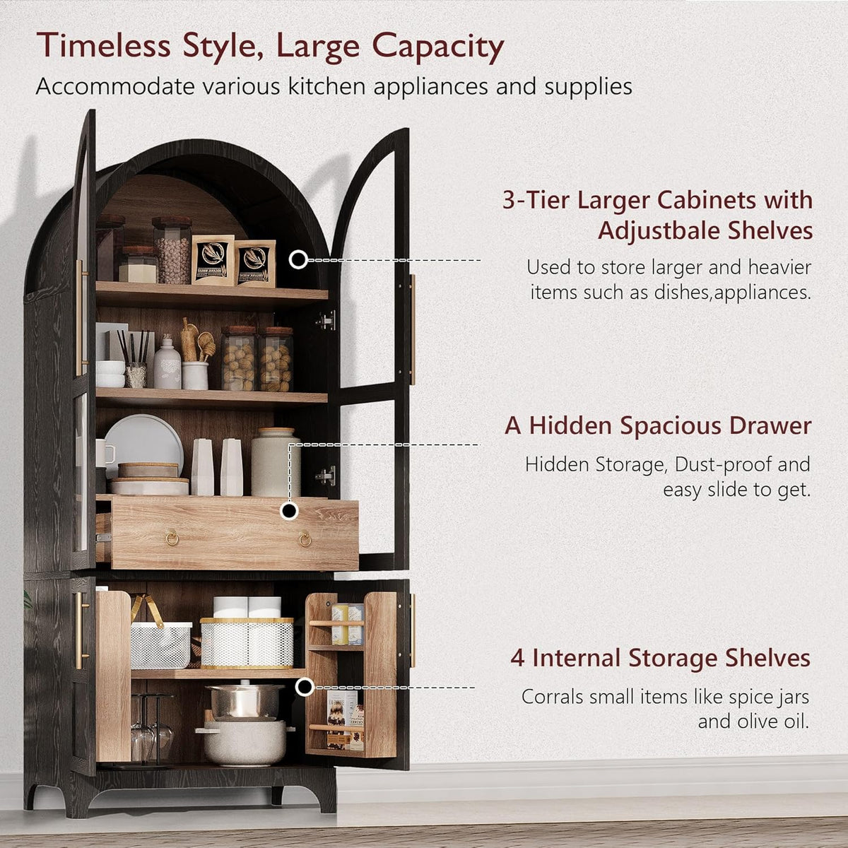 GDFStudio Mariah 71" Tall Arched Kitchen Pantry Cabinet with Hidden Drawer, Glass Door & Adjustable Shelves, Farmhouse Storage Cabinet Cupboard for Kitchen Dining Room, Home Pantry Storage, Black