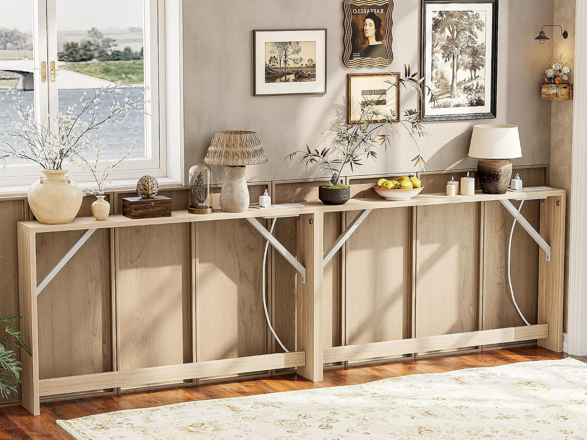 TIQLAB 5.9 Inch Narrow Console Table with Power Outlet,Sofa Table Set of 2，Total Length 94'' Sofa Table Behind Couch，for Entryway&Living Room, Light Walnut