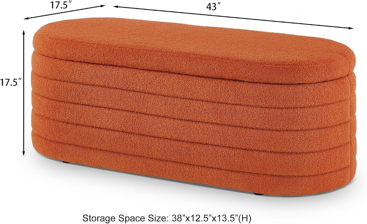 extrasleep Modern 43" Oval Storage Ottoman Bench with Safety Hinge, Upholstered Teddy Fabric End of Bed Bench with Hidden Storage, Comfy Foot Rest for Bedroom Living Room, Entryway Bench, Orange