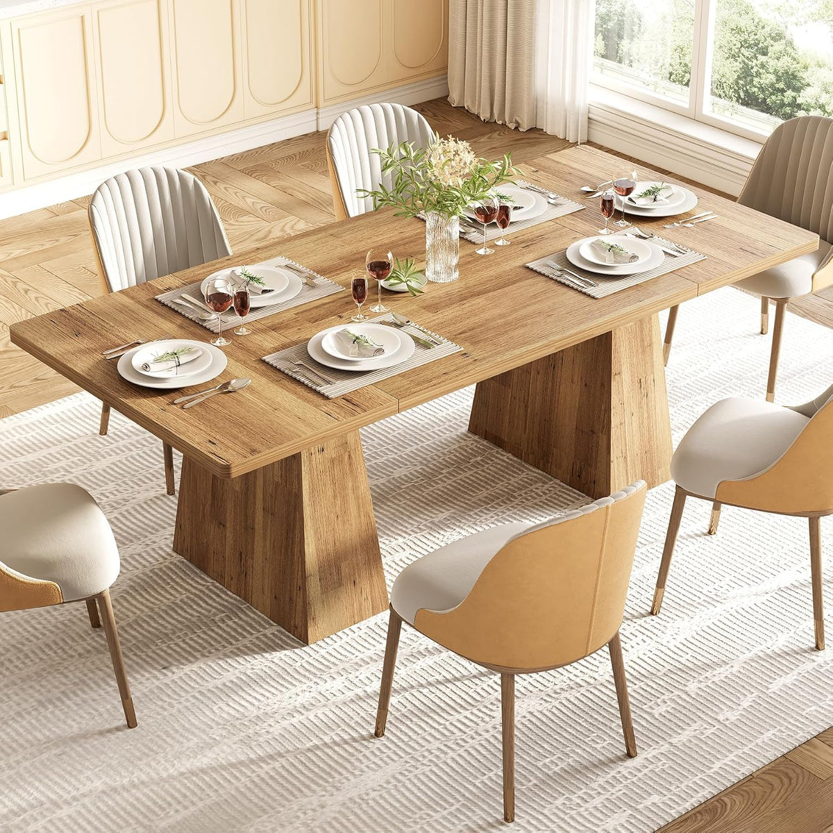 LITTLE TREE Dining Table for 6 People, Wooden Dining Table, Rectangle Table with Heavy Duty Legs, Modern Dining Table for Kitchen, Dining Room, Light Brown