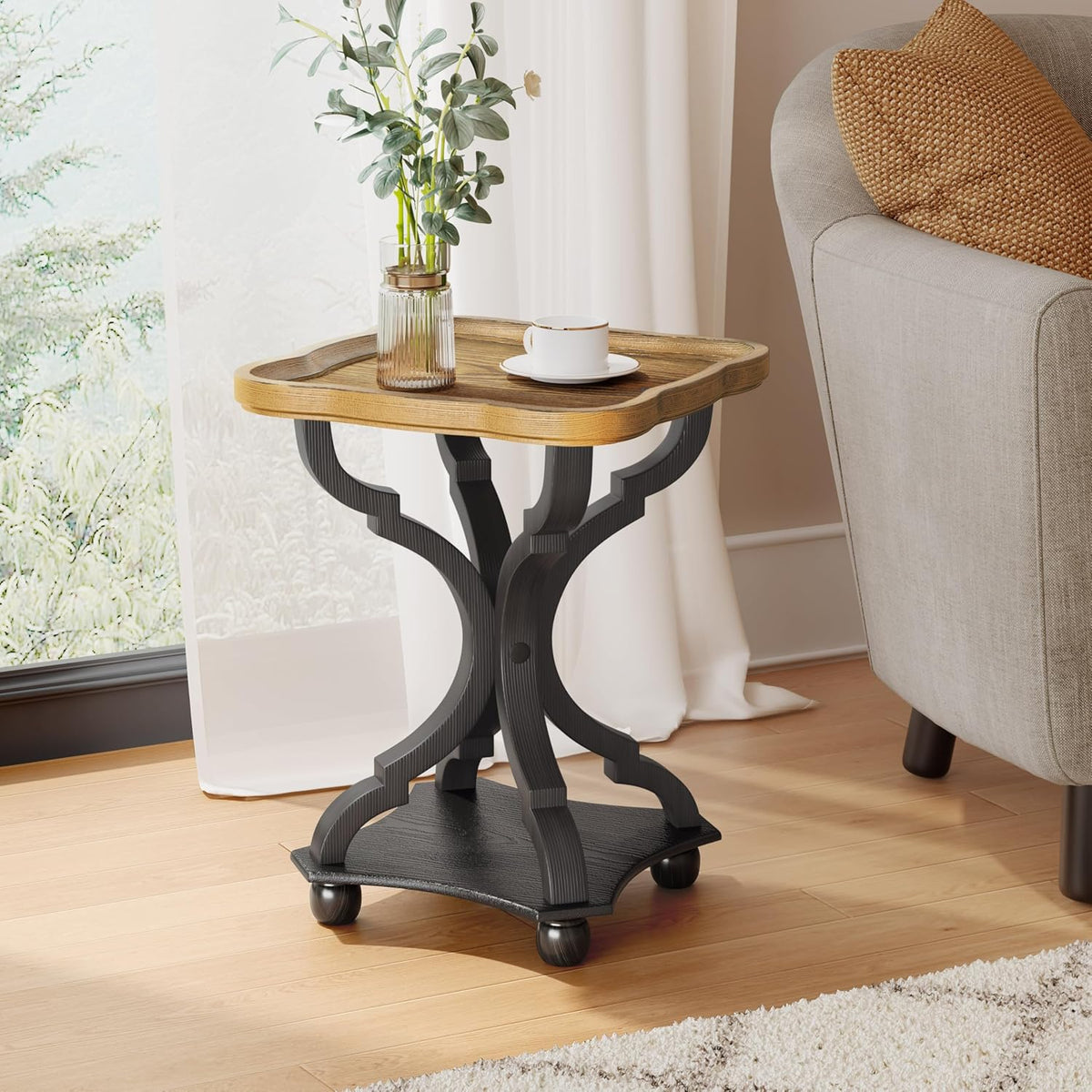 Christopher Knight Home Eudora 25" Small End Table, Hourglass Design Accent Table with Lipped Tabletop, French Country Furniture, Wooden Small Coffee Table, Living Room Side Table, Black + Natural
