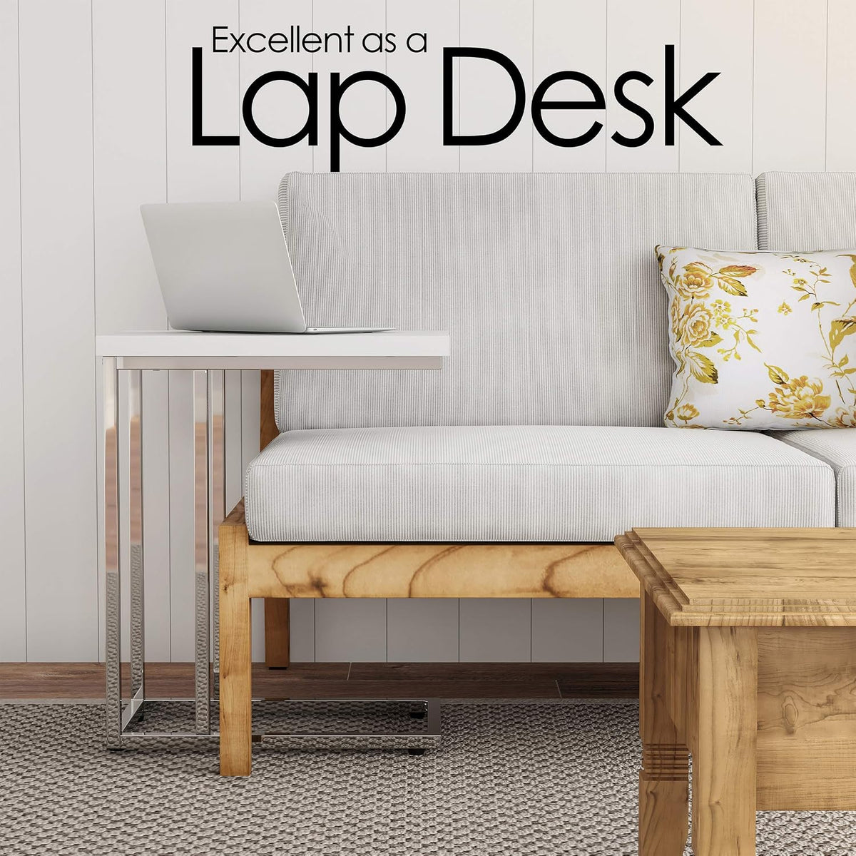 Lavish Home C-Shaped Sofa Side Table, White, 19.75” x 11.75” x 23.75”