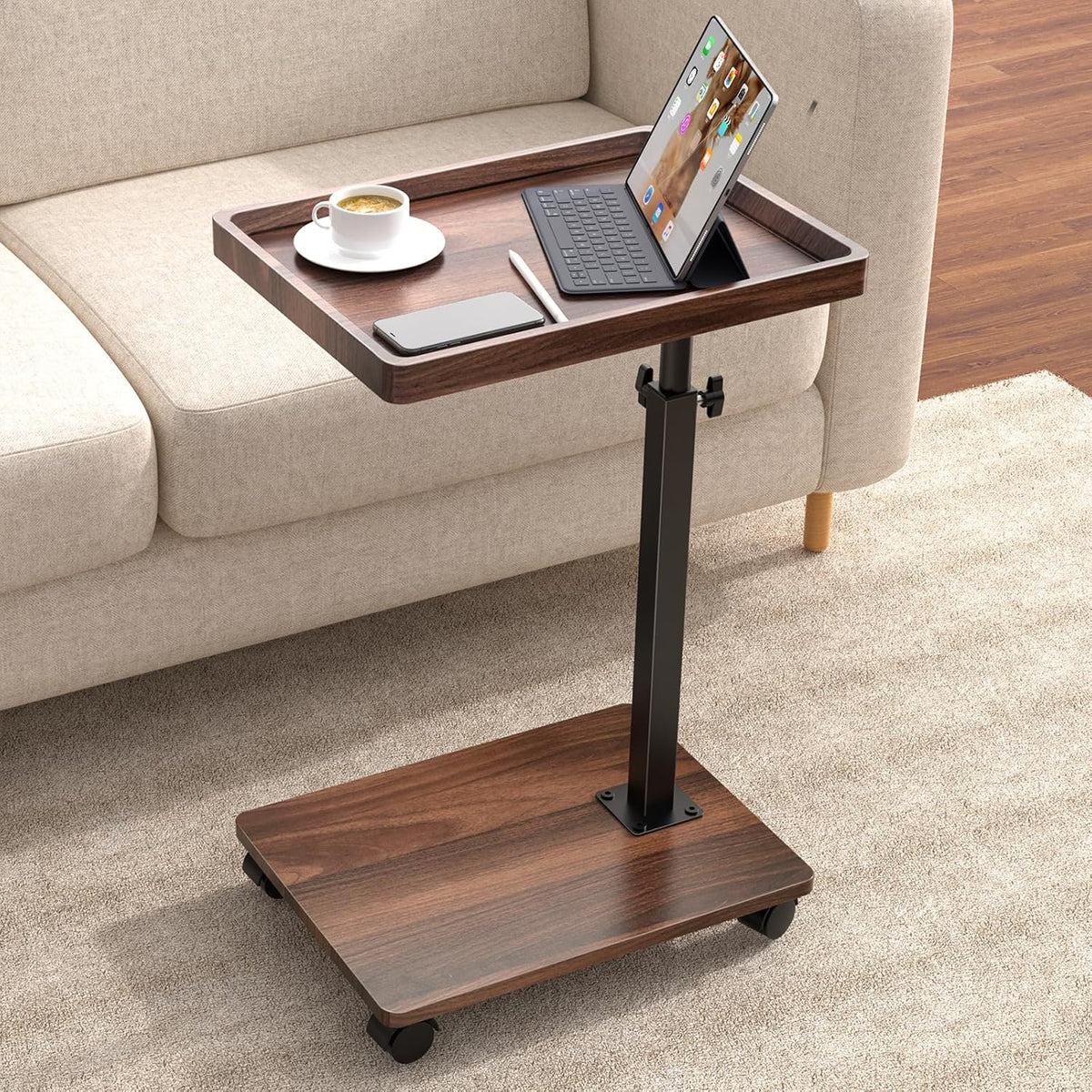 C Table End Table Adjustable Height, 360°Swivel TV Tray Table for Small Spaces, Couch Tables That slide under, C Shaped Side Tables living room and bedroom for Sofa, Bed,Chair, Snack (1, Walnut Brown)