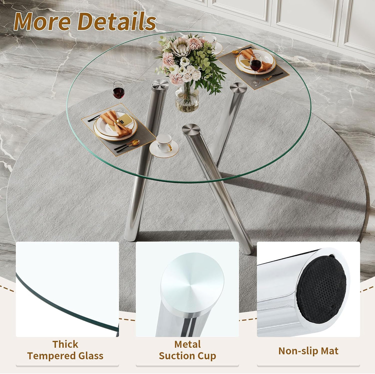 35" Round Dining Table for 4, Modern Round Glass Dining Table with Metal Legs, Round Kitchen Table for Dining Room Home Office Small Spaces