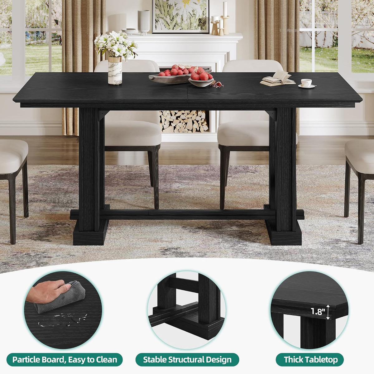 YITAHOME 70" Dining Table for 6–10 People, Farmhouse Rectangular Kitchen Table with Thick Base for Dining Room, Living Room, and Kitchen, Black