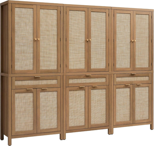 SICOTAS 72 inch Rattan Buffet Cabinet with Drawer, 4 Doors : Pantry Cabinet | 3 Pieces Tall Storage Cabinet, Farmhouse Boho Freestanding Cupboard Pantry with Storage for Living Room, Dining Room
