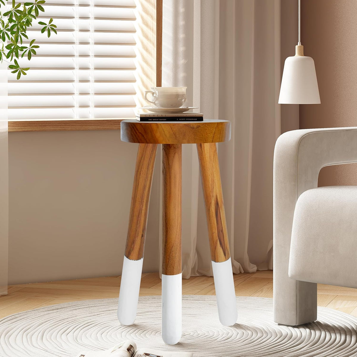 Teak 11.8" Round Dip Dyed Teak Stool | Wood Accent Side Table | Wood Plant Stand (20" Tall White)