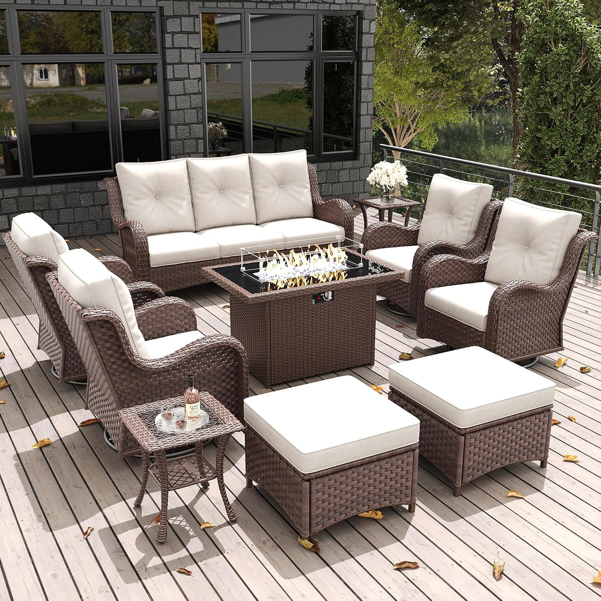 LayinSun 10 Pieces Outdoor Patio Furniture Set with Fire Pit Table, Rattan Wicker Sectional Swivel Rocker Chairs Sets with Ottomans, Swivel Glider Chairs and Coffee Table
