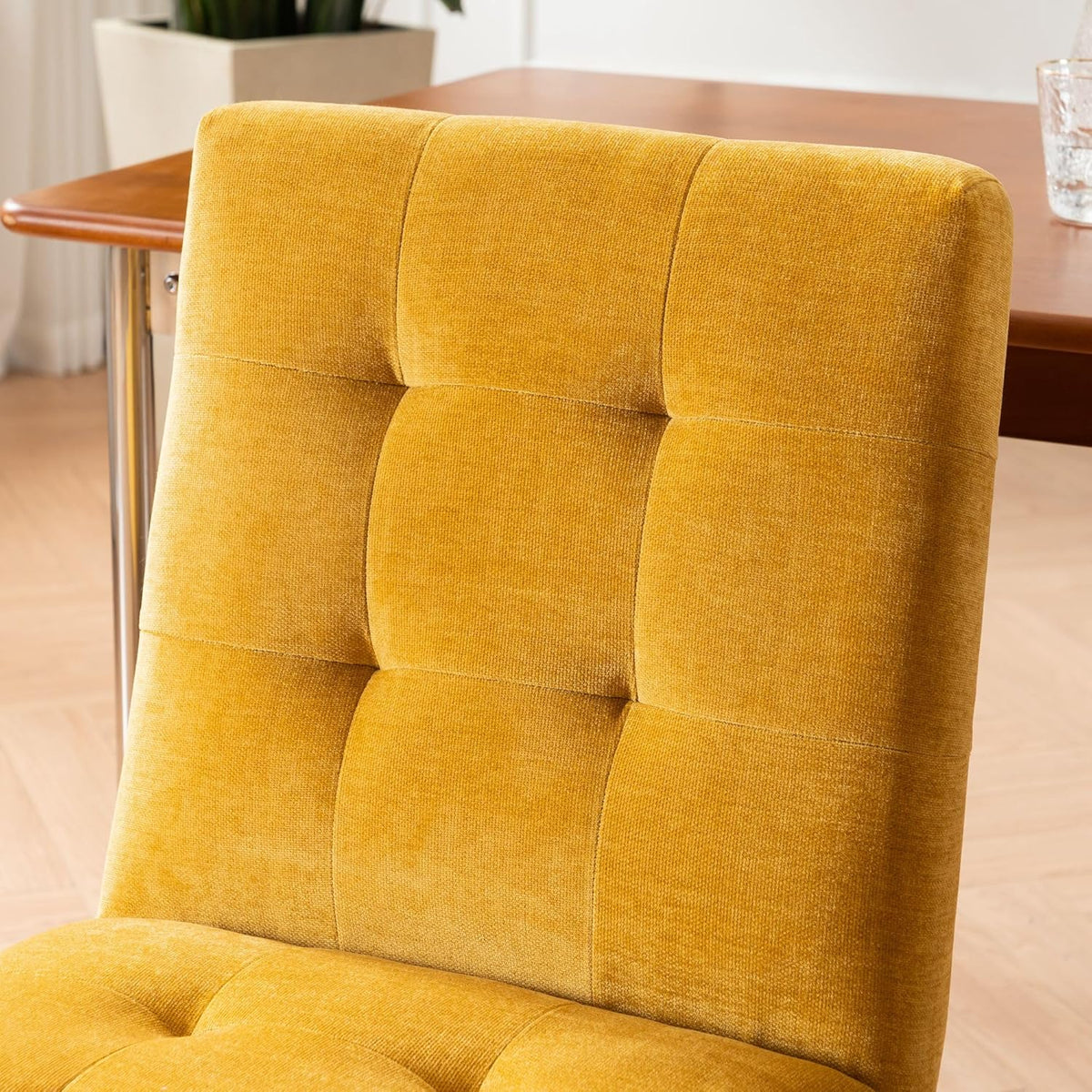 Rowill Modern Upholstered Dining Chairs Parsons Chair Linen Fabric Kitchen Chairs Tufted Armless Dining Room Chairs with Wood Legs Set of 4, Yellow