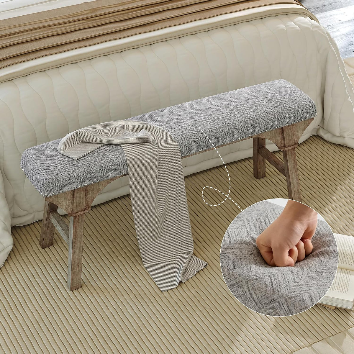 DIBRATY 44'' Upholstered Entryway Bench, Vintage Linen Texture End of Bed Bench with Solid Wood Legs, 300 LBS Weight Hallway Shoe Storage Benchs for Kitchen, Living Room, Gray
