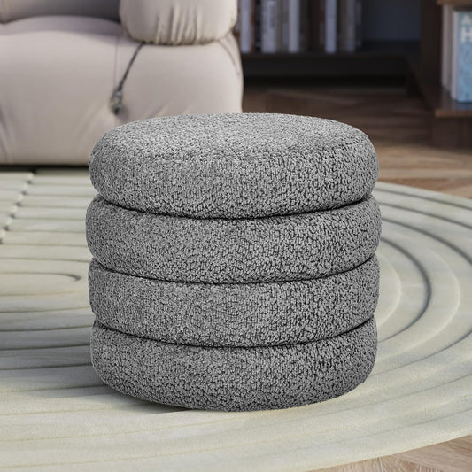 allamazing Storage Ottoman, Round Ottoman with Storage, Vanity Stool Foot Rest with Removable Lid, Round Boucle Upholstered for Living Room Pouf Footstool
