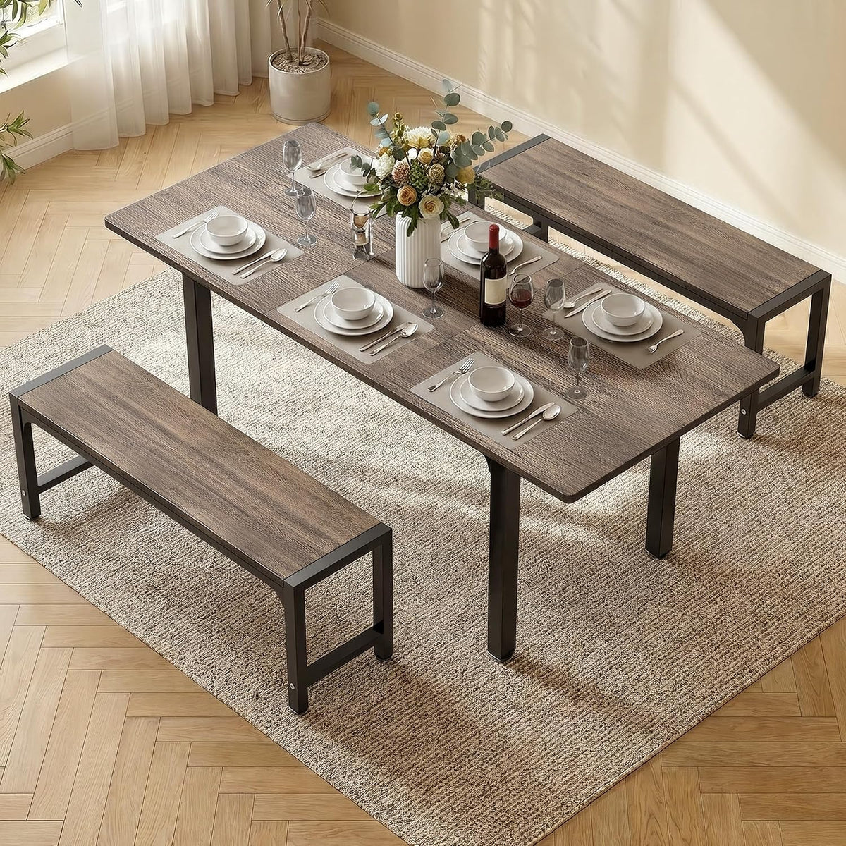 Ahomly 63“ Extendable Dining Table Set with 180° Smart-Flip Pivot, Gray | Dining Table Set for 4,Kitchen Table with Bench,Small Dining Table,Perfect for Small Space,Dinner Room Table Set for 6