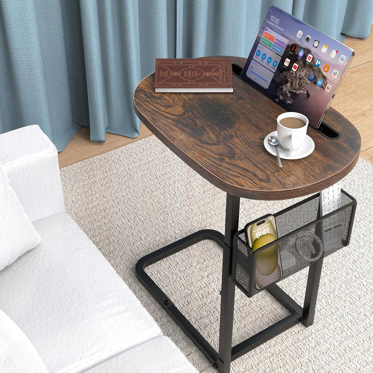 Fashion TV Tray Table with Large Tabletop, Adjustable Sofa Table with Storage Baskets, Strong Metal Frame, Tv Dinner Tray Table for TV Watching, Meals, Snacks (Oval, Brown, 16.93inch x 12.6inch)