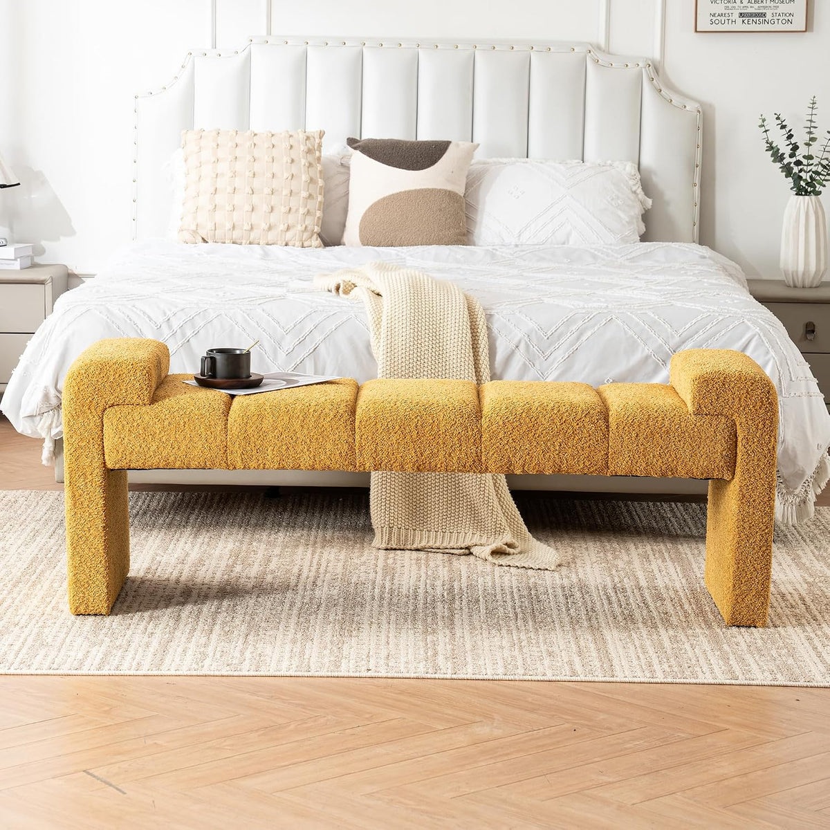 Boucle End of Bed Bench Upholstered Modern Bedroom Bench Channel Tufted Window Bench Comfy Long Ottoman for Living Room/Hallway/Indoor (Mustard, 60" Curved Arm)