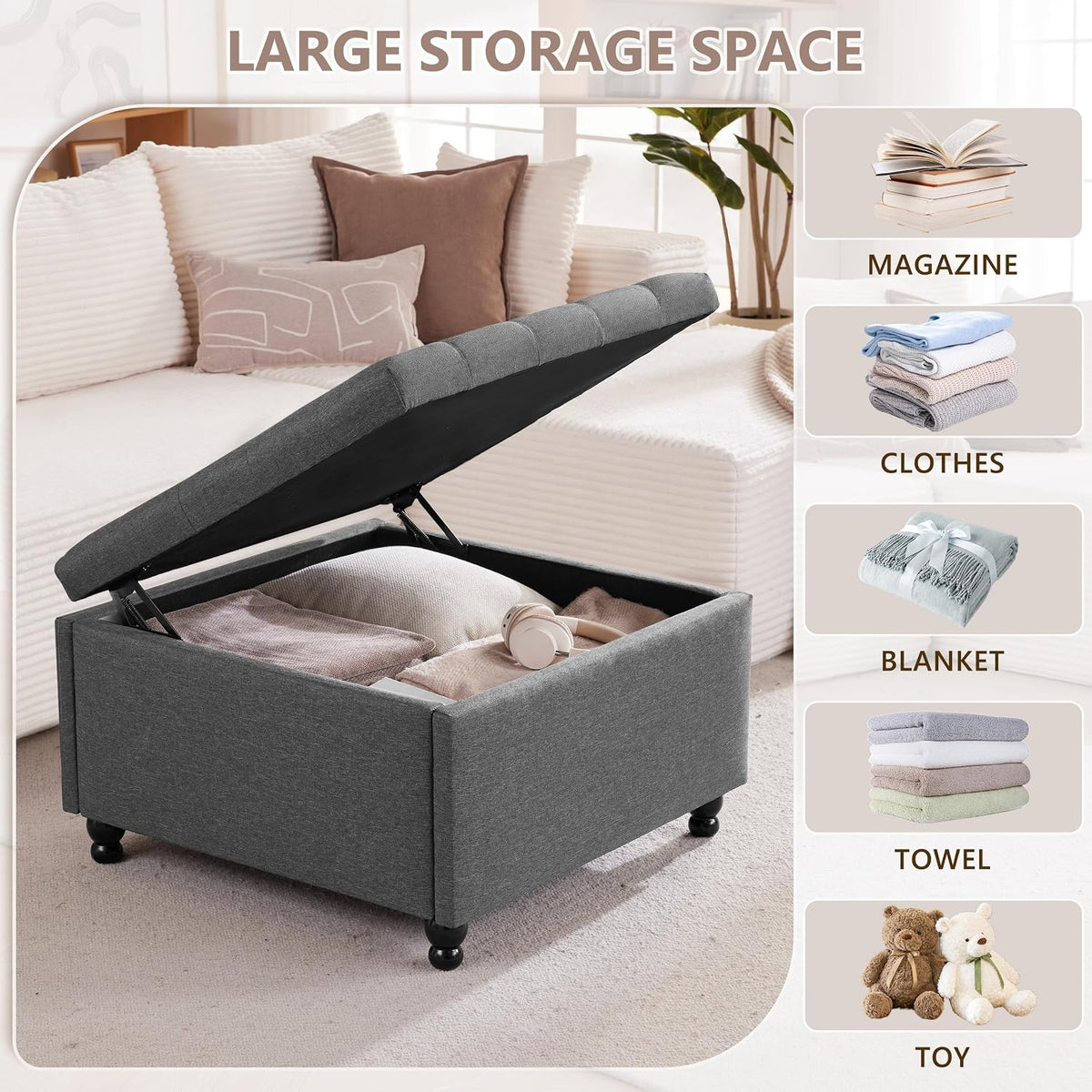 28" Large Square Ottoman with Storage, Fabric Ottoman Coffee Table, Grey | Living Room Coffee Table, Footrest or Extra Seat, Bedroom and Entryway Use, Solid Wood Frame, Safety Hinges, 300 lb Capacity