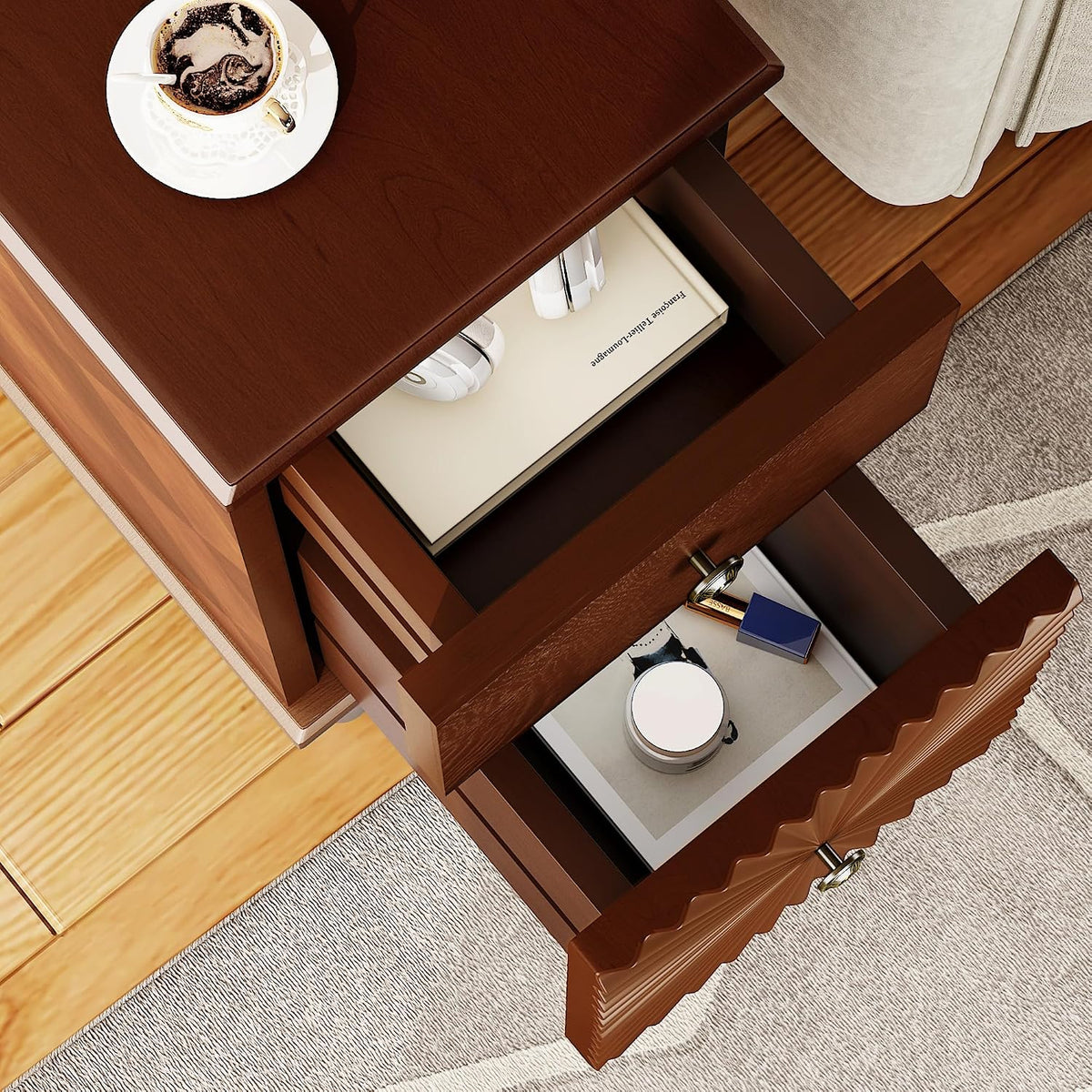 Narrow End Table with Charging Station，Modern Sofa Side Table with 2 Drawers，Narrow Side Tables with Storage Cabinet, Wood Slim Nightstand, End Tables for Living Room, Bedroom