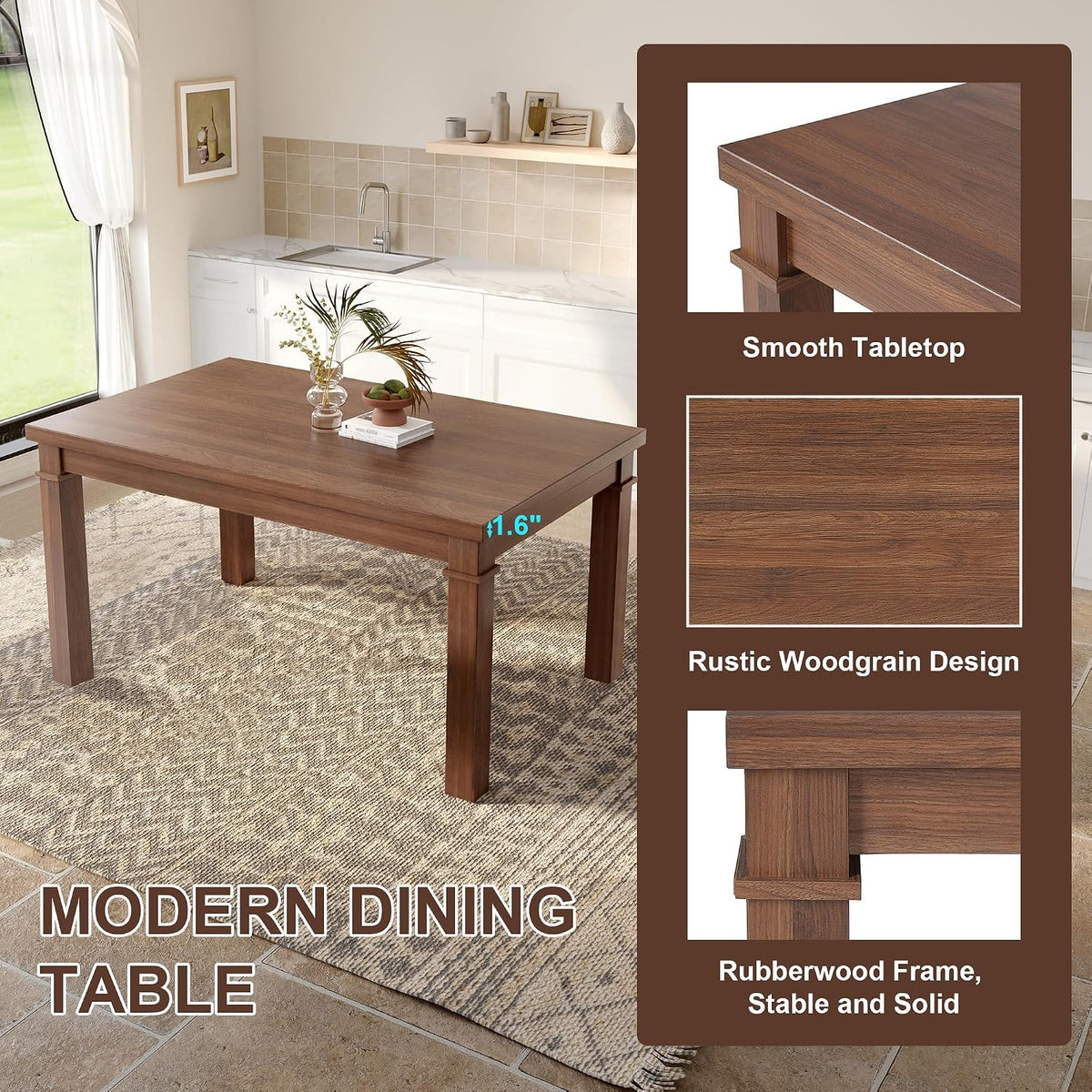 Ball & Cast Dining Table Set for 6 W/Bench & 4 Upholstered Chairs,6 Piece Dining Set W/ 60" Rectangle Kitchen Table & Anti-Scratch Pads,Table and Chairs Set for Living Room,Dining Room,Walnut