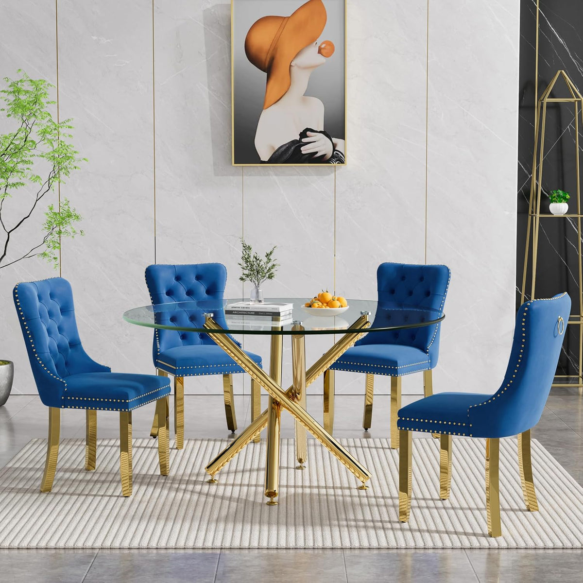 Round Glass Dining Table Set for 4, Small Kitchen Table Set for 4, 47" Circle Gold Glass Dinner Table for 4 with Navy Blue Velvet Chairs, 5 Piece Dining Room Table Set for 4 for Breakfast Dinette Cafe