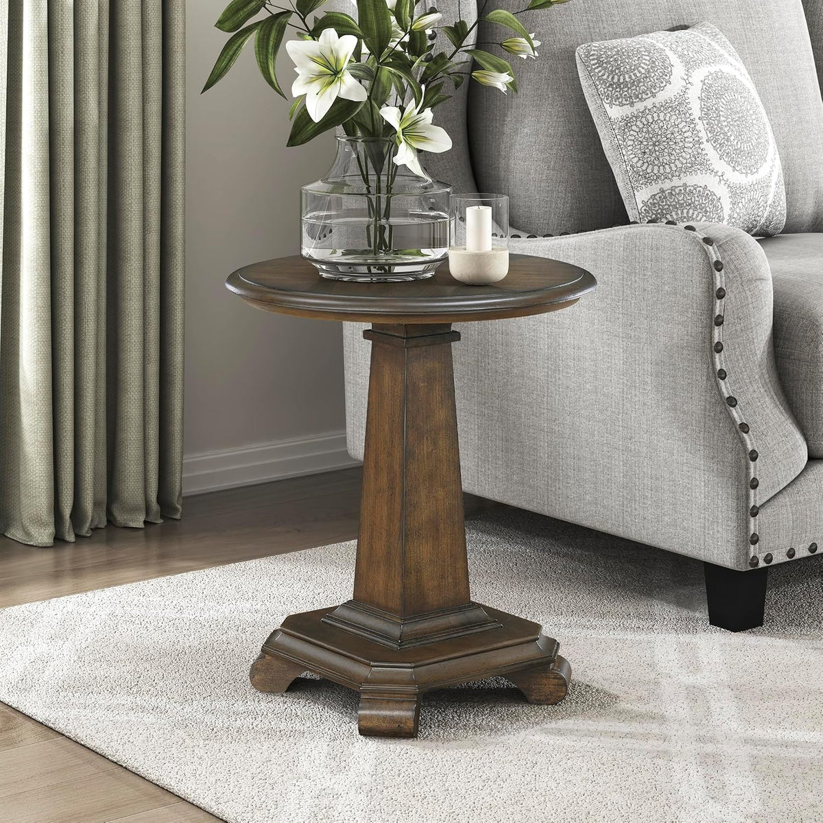 Lexicon 22 Dia. Round End Table, Wood Side Table with Sturdy Pedestal Leg, Cherry Veneer Accent Nightstand with for Small Spaces, Living Room, Bedroom, Entryway, Easy Assembly, Brown