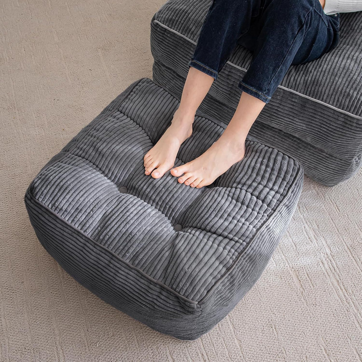 HIGOGOGO Square Stuffed Pouf Ottoman, Corduroy Poufs with Foam Chunk Filling, Furry and Fluffy Pouf Foot Stool Storage Ottoman, 21 X 21 Floor Poufs Foot Rest for Living Room, Dark Grey