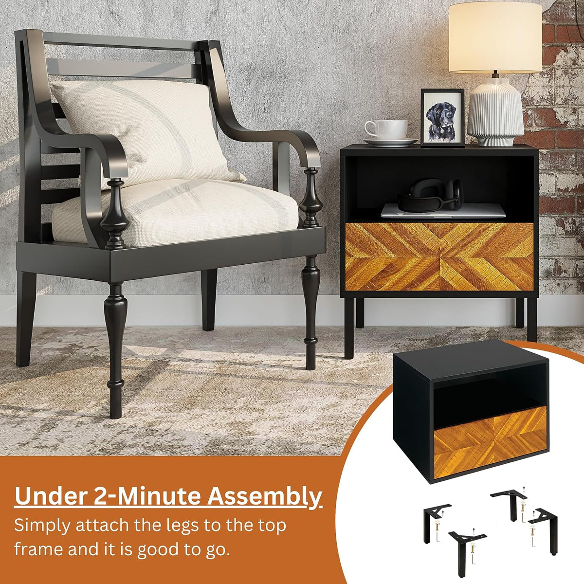 Bme Vivian Solid Wood Nightstand, End Table, Bedside Table with Herringbone Pattern for Rustic Bedroom, Easy Assembly, Rustic Golden Brown and Black