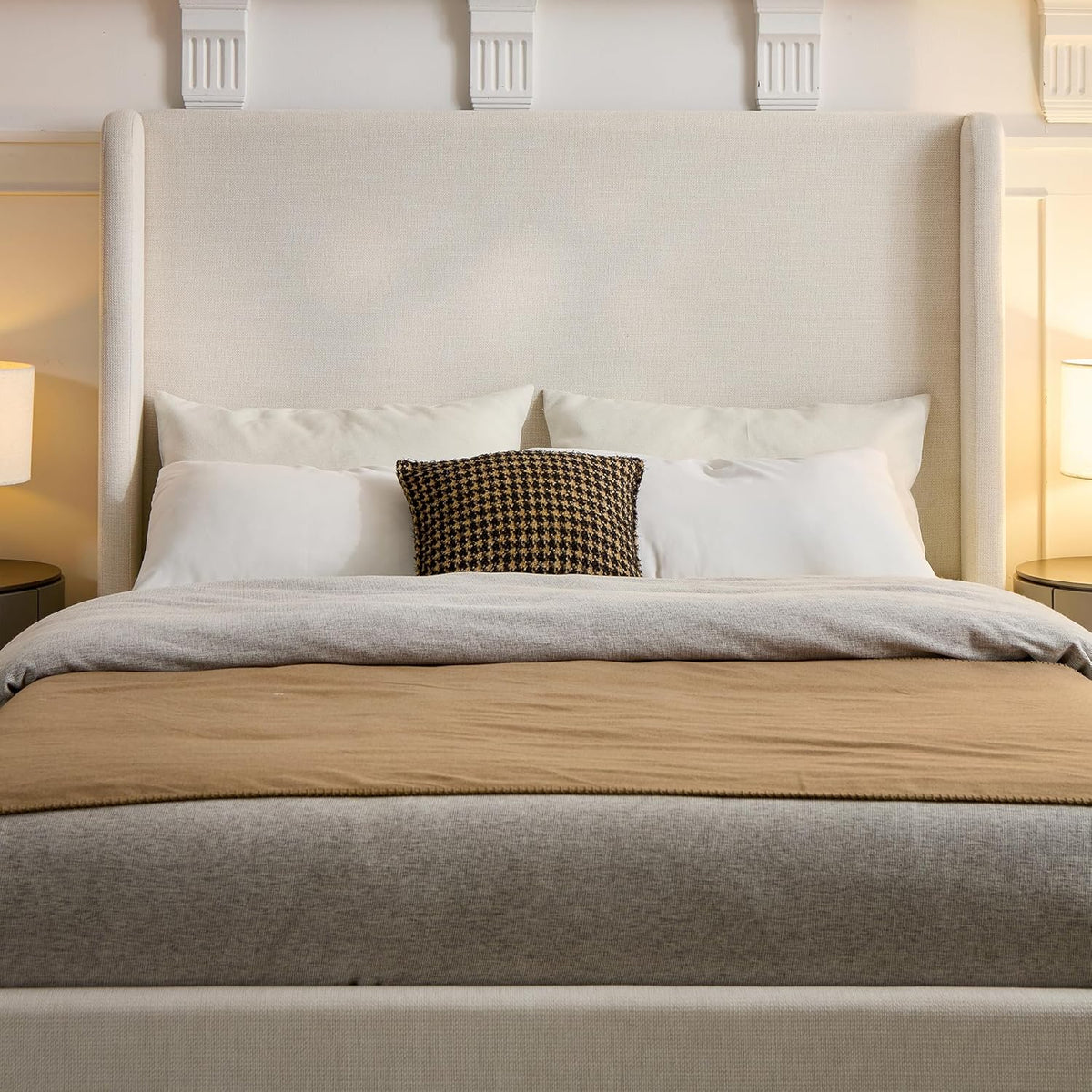 LUMISOL Queen 54” Tall Headboard Wingback Upholstered Platform Bed Frame, Modern Bed Frame Without Wooden Slats, Box Spring Request, Easy Assembly, Ivory