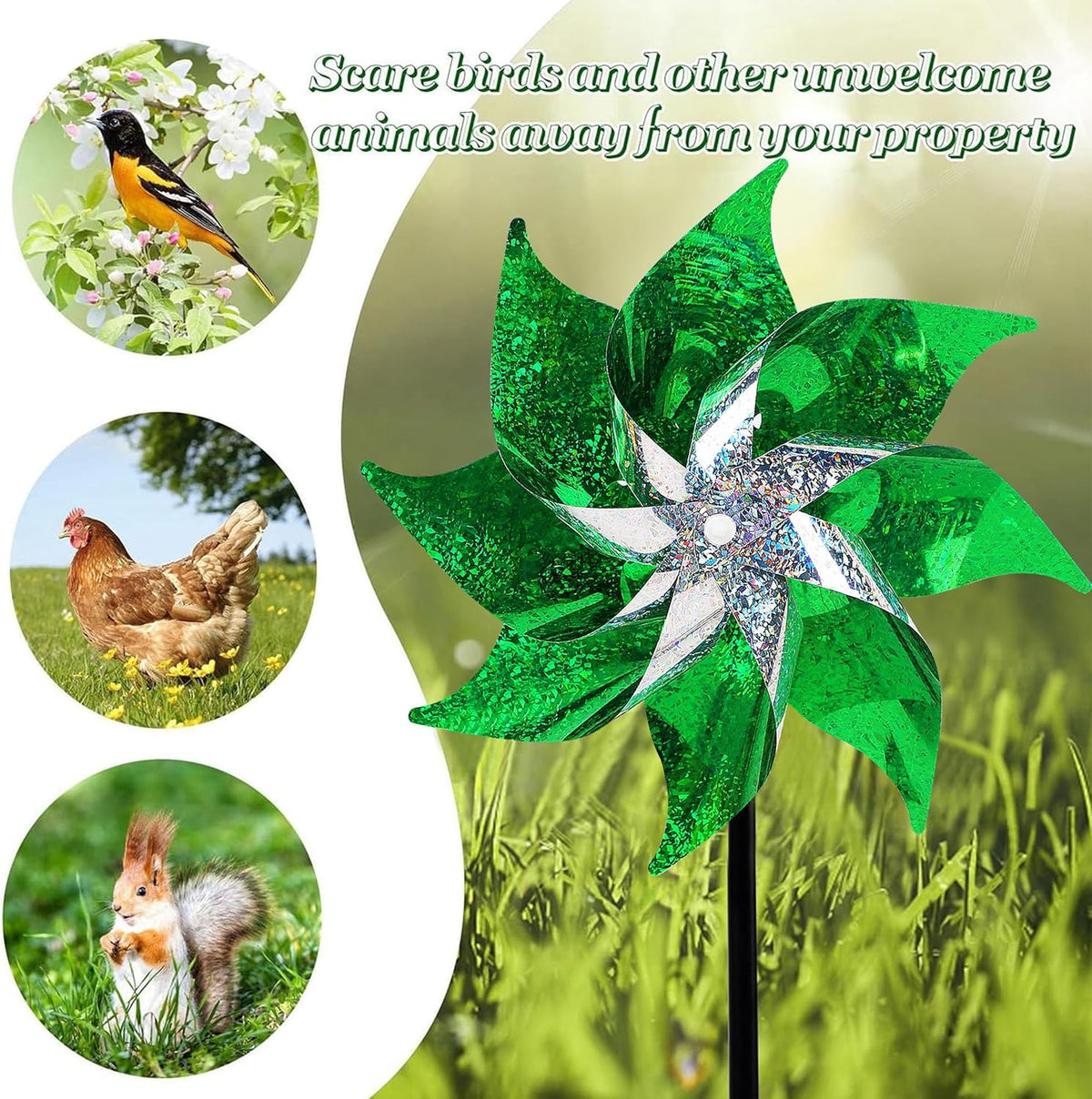 Hausse 10 Pack Reflective Pinwheels Holiday Decor, Extra Sparkly Wind Sculptures for St. Patrick's Day Decorations Party Supplies, Deterrent to Scare Birds Away from Garden Yard Patio Farm, Green