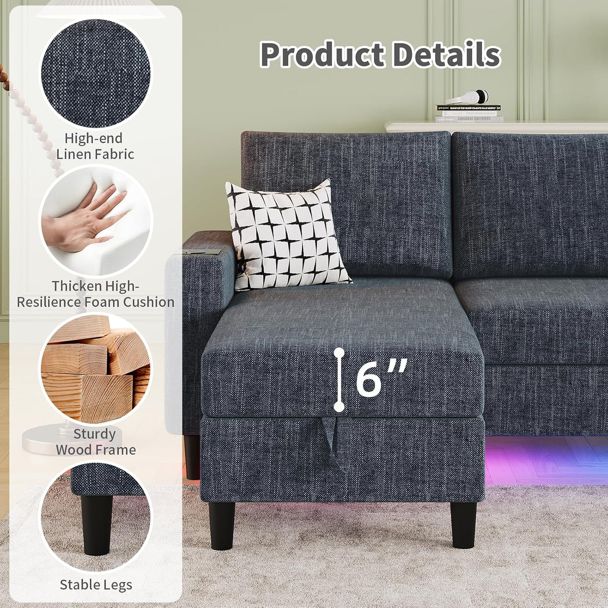 Sectional Couches for Living Room, 6-Seats Soft Linen Fabric Sectional Sofa with Storage Ottoman, Modern Convertible U/L Shaped Couch with Smart Charging Module/LED Light/Music Sync (Blue)