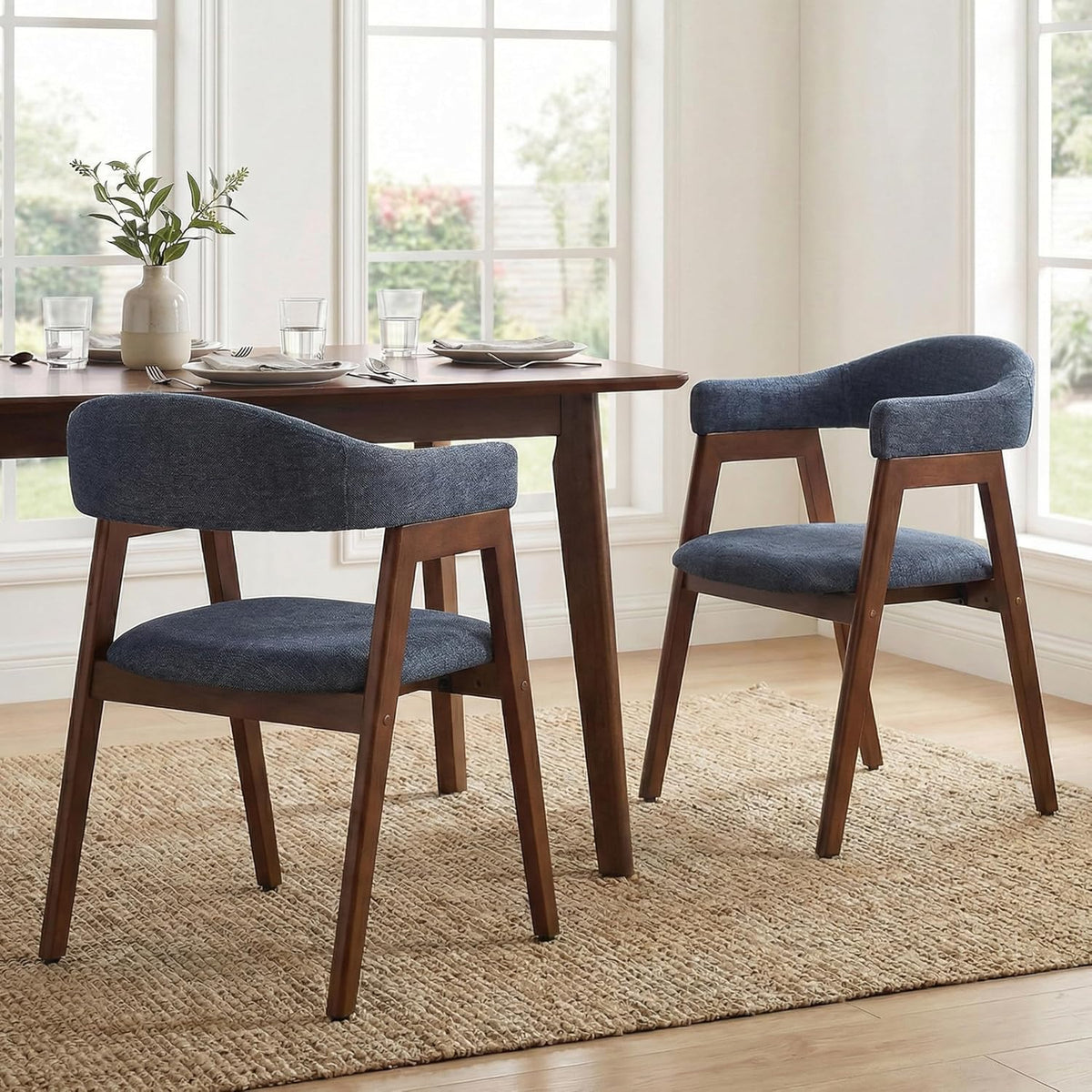 VKNOW Wooden Dining Chairs Set of 4, Modern Fabric Upholstered Kitchen Armchairs with Curved Open Back and Solid Wood Legs, Farmhouse Dining Room Chairs for Kitchen, Navy