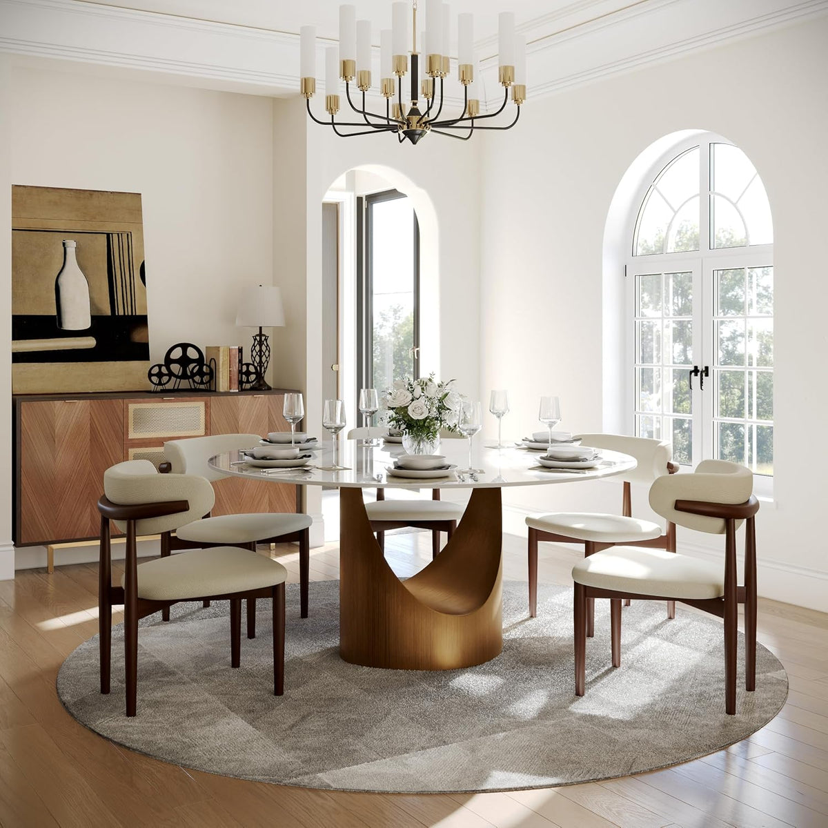 POVISON Round Dining Table for 4, 51" Glossy White Sintered Stone Top Dining Table with Bronze Carbon Steel Pedestal, Modern Dining Room Table for Kitchen, Living Room (Table Only)