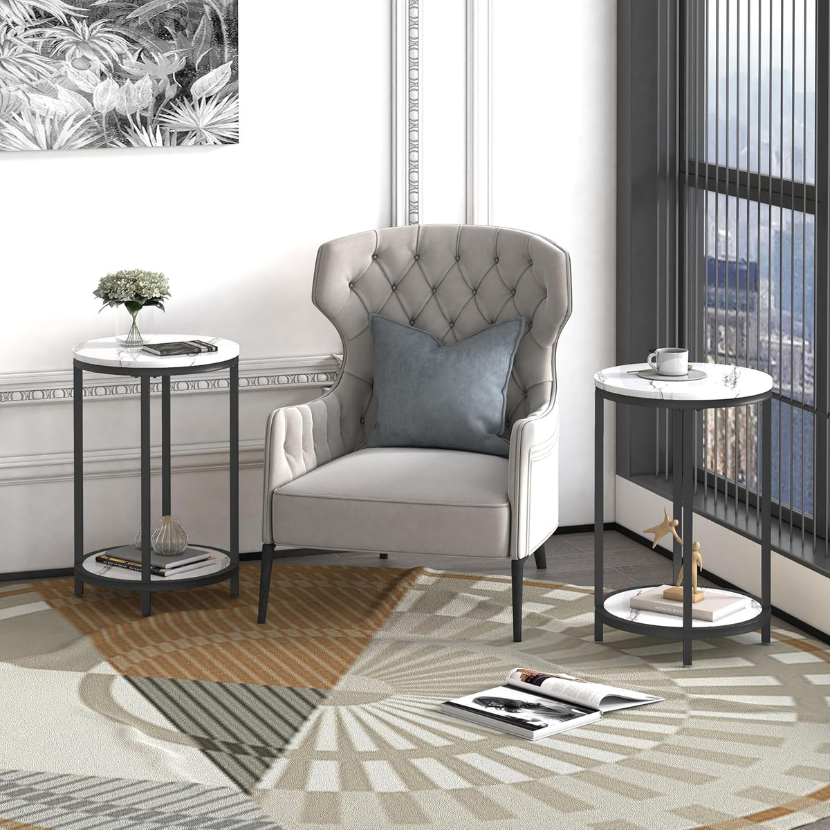 WiberWi Round Side Table Set of 2, Modern Nightstand End Table with Metal Frame &Faux Marble Top, Accent Bedside Table for Living Room Bedroom Small Spaces with Storage Open Shelf,White