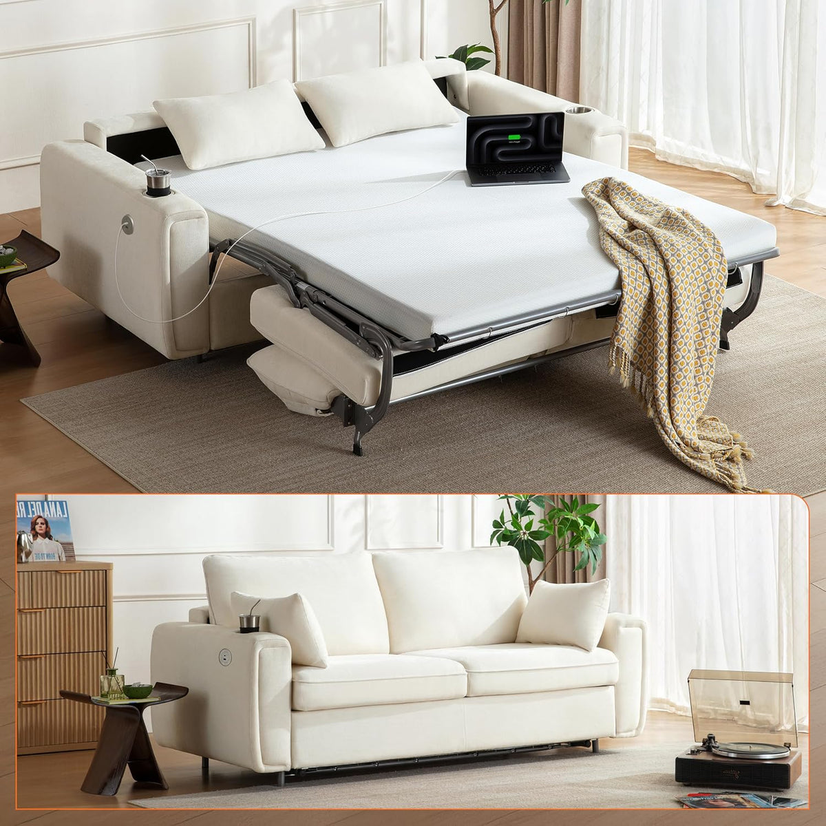 Pull Out Sofa Bed, No Cushion Removal, Queen Sleeper Sofa with USB Fast Charging, Memory Form Mattress, 2-in-1 Convertible Comfy Loveseat Couch Bed for RV, Apartment, and Small Spaces (White)