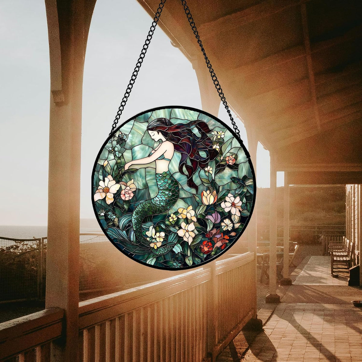 Stained Glass Window Hanging - Teal Sleeping Mermaid Suncatcher for Door Terrace Garden Home Decor, Sea of Flowers Sun Catcher Birthday Gifts for Lovers Women Men Dad Mom Nana 15 in