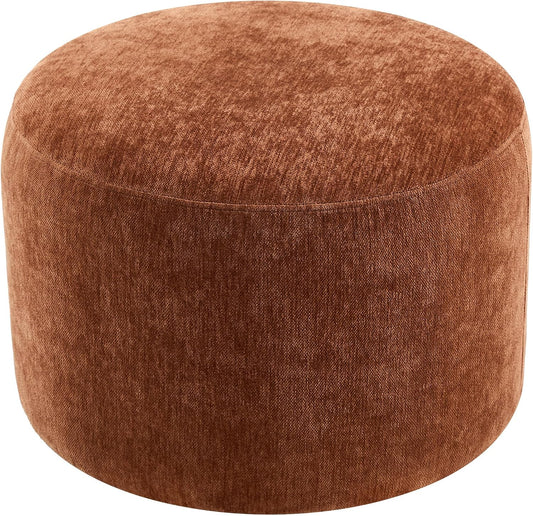 Upholstered Round Pouf Ottoman, Modern Footstool, Orange-Brown | Small Chenille Footrest with Soft Padded Seat & Wood Frame, Accent Vanity Stool for Bedroom (22.6"D x 22.6"W x 16.5"H)